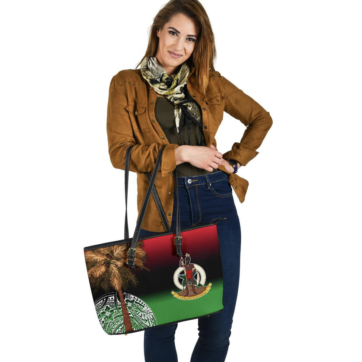 Vanuatu Large Leather Tote Polynesian Palm Tree Flag - Polynesian Pride