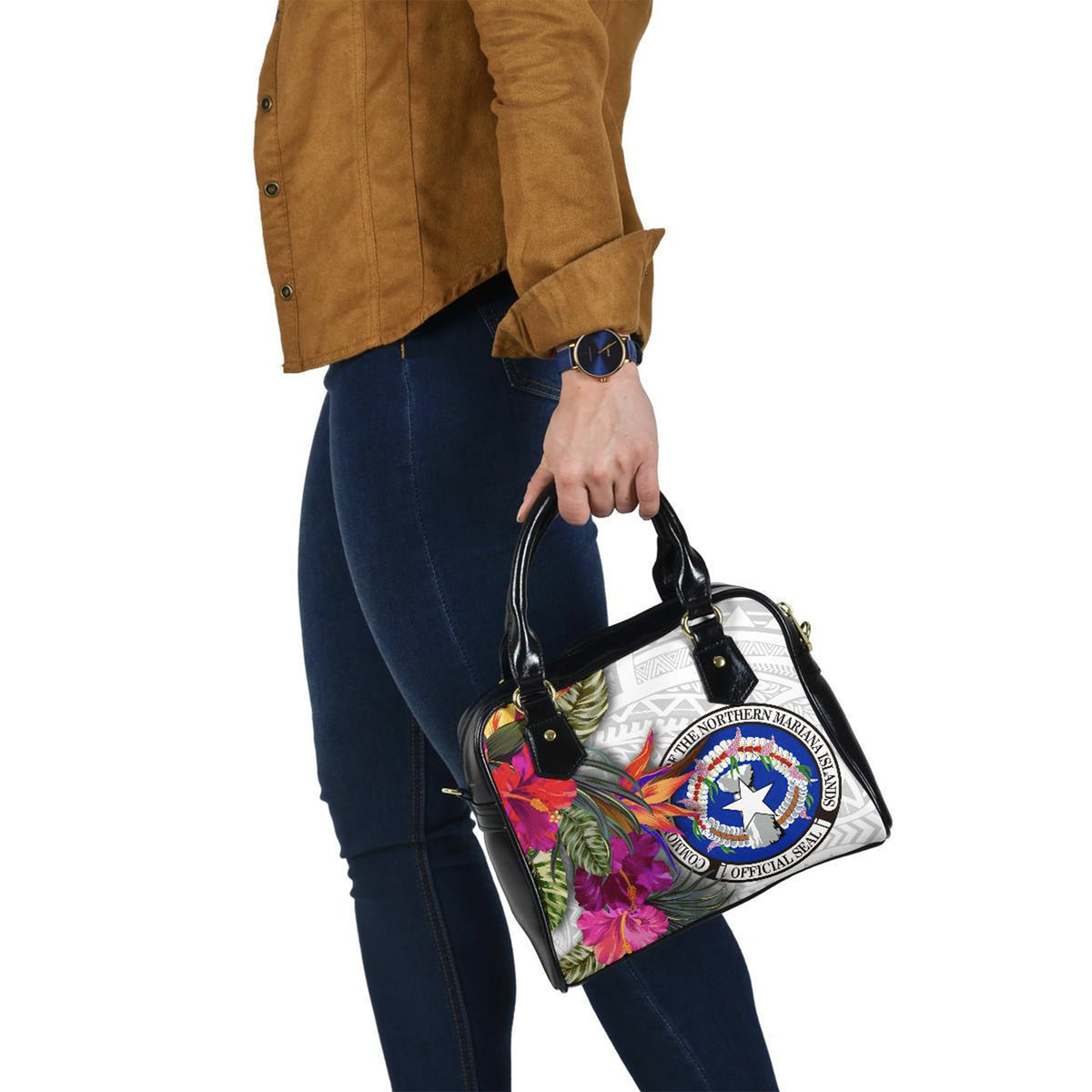 Northern Mariana Islands Shoulder Handbag Polynesian Hibiscus White Pattern - Polynesian Pride