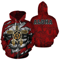Aloha Turtle Hibiscus Polynesian Zip up Hoodie Unisex Red - Polynesian Pride
