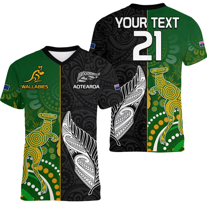 (Custom Personalised) Aotearoa Rugby All Black Combine Australia Wallabies V-Neck T Shirt Aboriginal Kangaroo And Maori Fern LT9 - Polynesian Pride