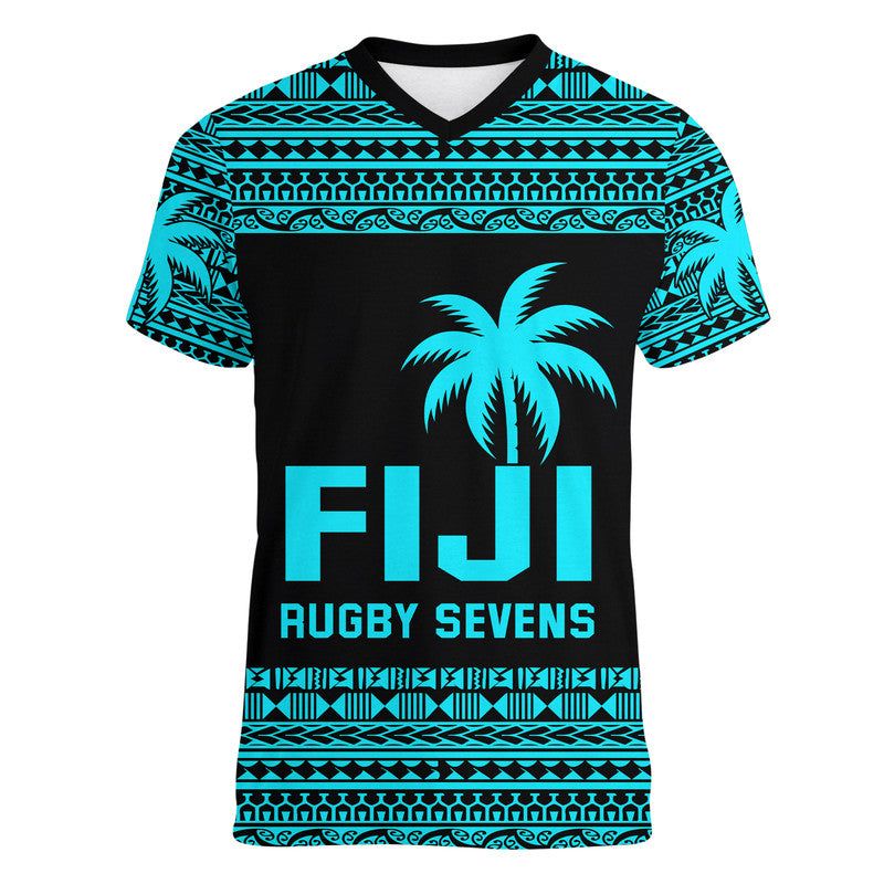 (Custom Personalised) Fiji Rugby Sevens V-Neck T Shirt Simple Blue Style LT9 Female Blue - Polynesian Pride