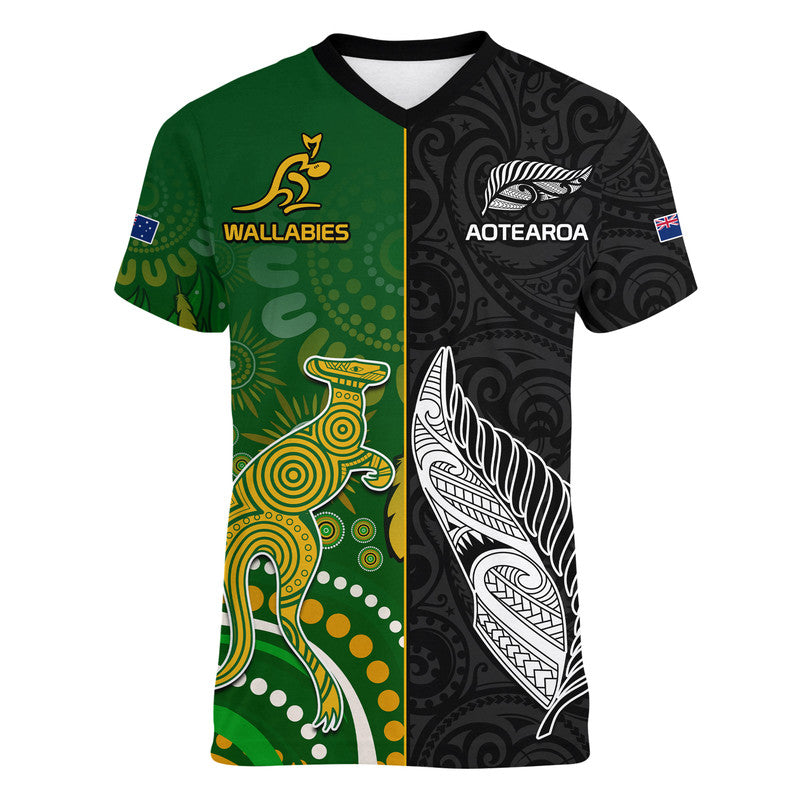 (Custom Personalised) Aotearoa Rugby All Black Combine Australia Wallabies V-Neck T Shirt Aboriginal Kangaroo And Maori Fern LT9 Female Black - Polynesian Pride