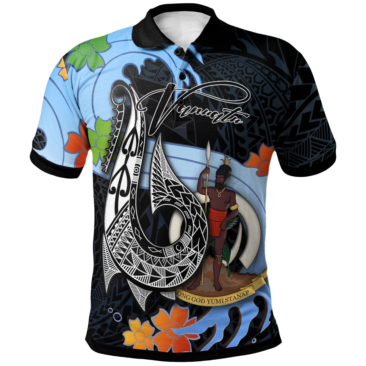 Vanuatu Polo Shirt Fish Hooks and Wave Unisex Black - Polynesian Pride