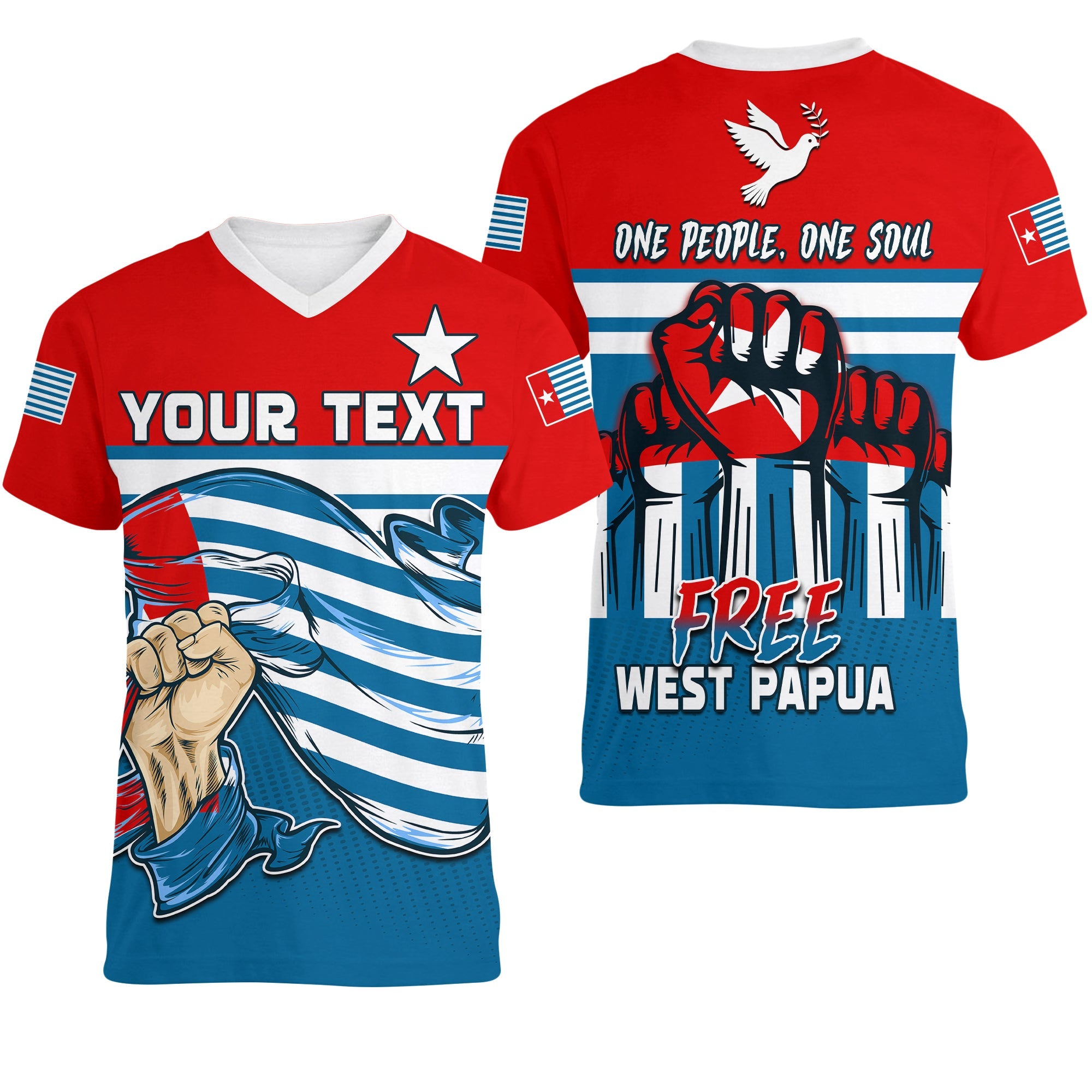 (Custom Personalised) Free West Papua V-Neck T Shirt One People One Soul Strong West Papuan LT13 Female Blue - Polynesian Pride