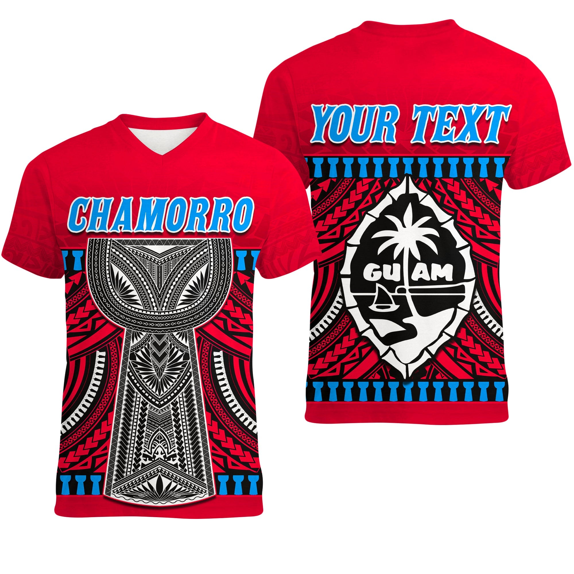 Custom Guam Chamorro V neck T Shirt Latte Stone Red Polynesian Haligi LT13 Red - Polynesian Pride