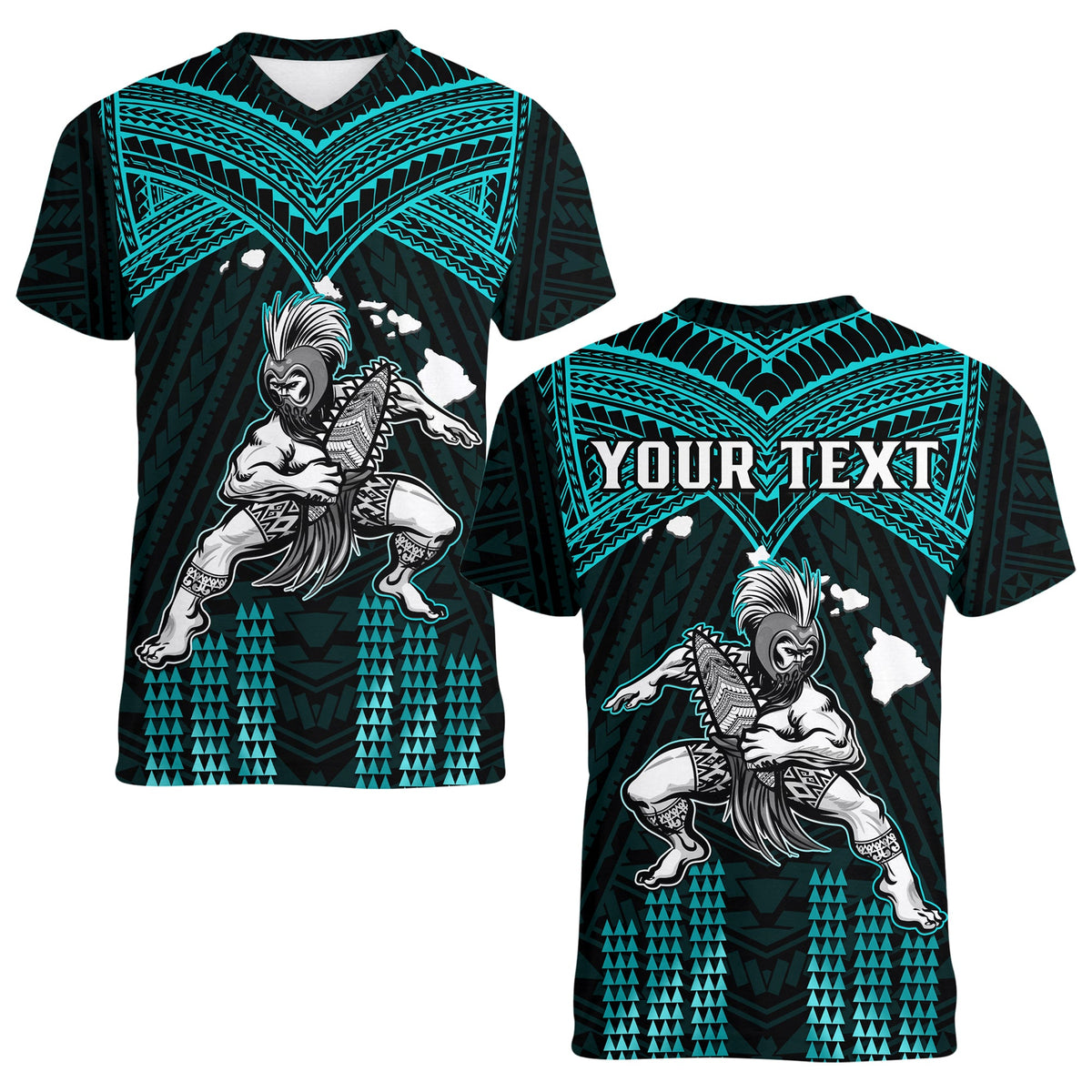 (Custom Personalised) Hawaii V-Neck T Shirt Hawaiian Warrior With Weapon Polynesian Ver.02 LT14 Female Turquoise - Polynesian Pride
