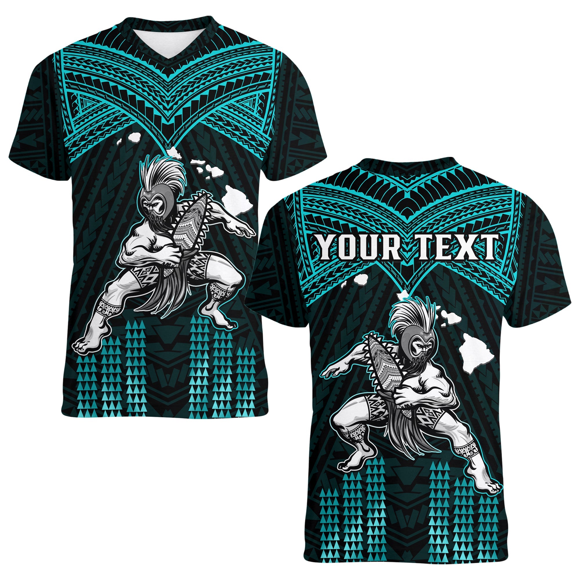 (Custom Personalised) Hawaii V-Neck T Shirt Hawaiian Warrior With Weapon Polynesian Ver.02 LT14 Female Turquoise - Polynesian Pride