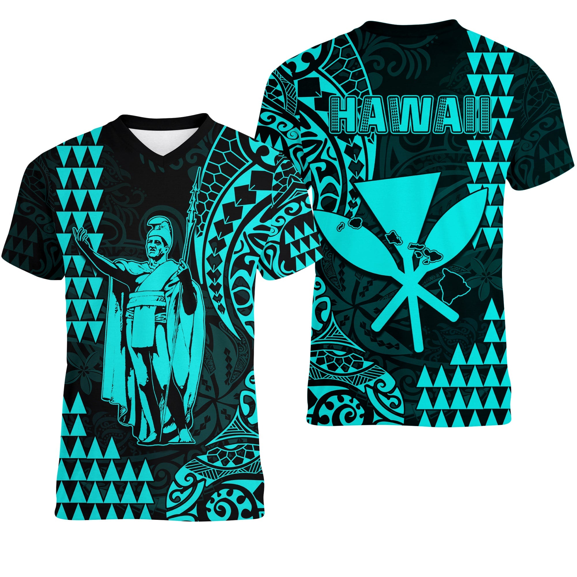 Hawaii Day Kakau V-Neck T Shirt Proud To Be Hawaiian Turquoise King Kamehameha and Kanaka Maoli LT13 Female Turquoise - Polynesian Pride