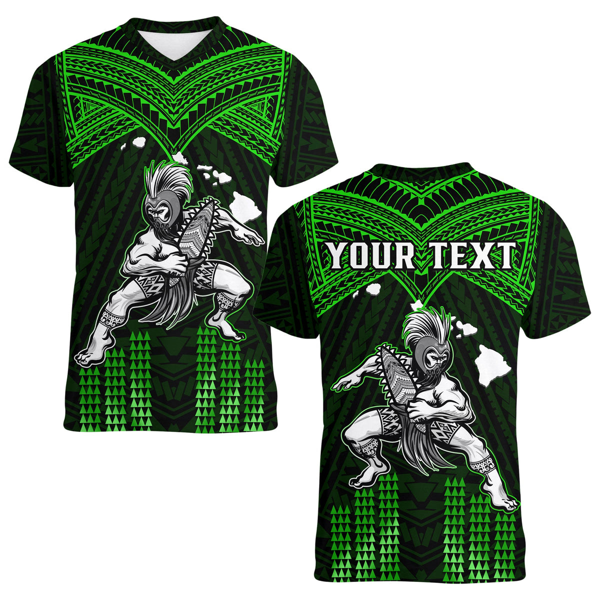 (Custom Personalised) Hawaii V-Neck T Shirt Hawaiian Warrior With Weapon Polynesian Ver.03 LT14 Female Green - Polynesian Pride
