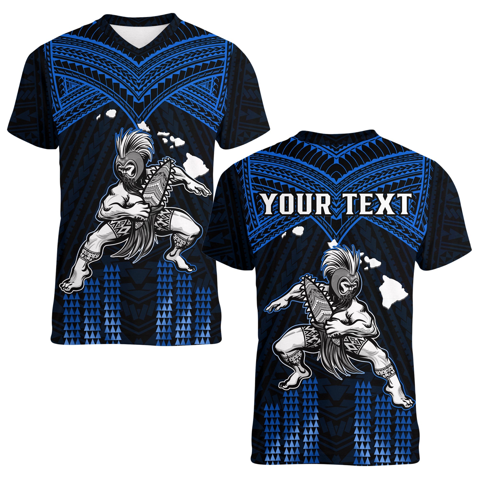 (Custom Personalised) Hawaii V-Neck T Shirt Hawaiian Warrior With Weapon Polynesian Ver.06 LT14 Female Blue - Polynesian Pride