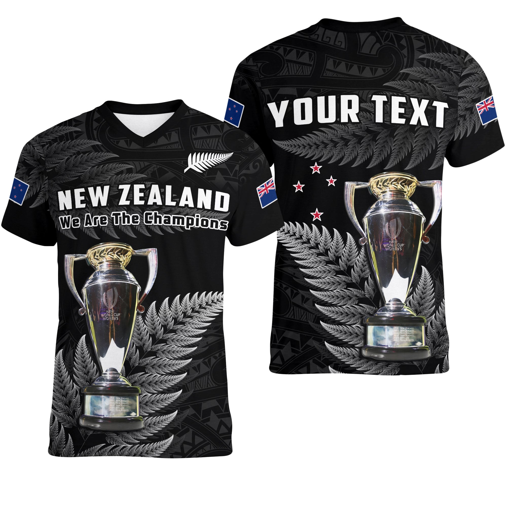 (Custom Personalised) New Zealand 2022 Rugby V-Neck T Shirt Black Fern Proud Champions RWC LT14 Female Black - Polynesian Pride