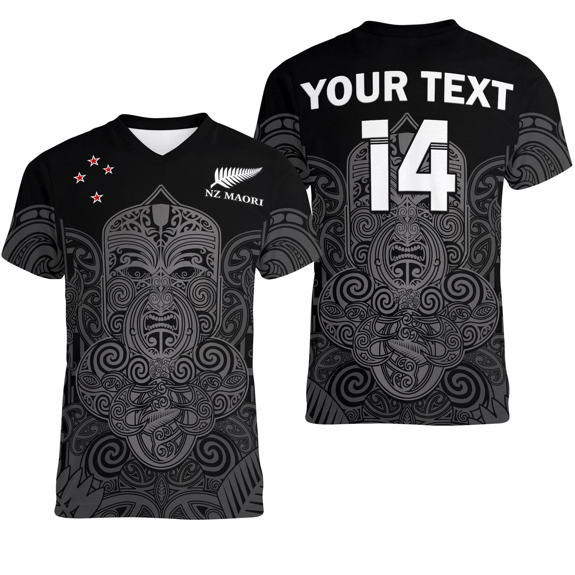 (Custom Text And Number) New Zealand Tiki Rugby V-Neck T Shirt NZ Maori Koru Pattern LT14 Female Black - Polynesian Pride