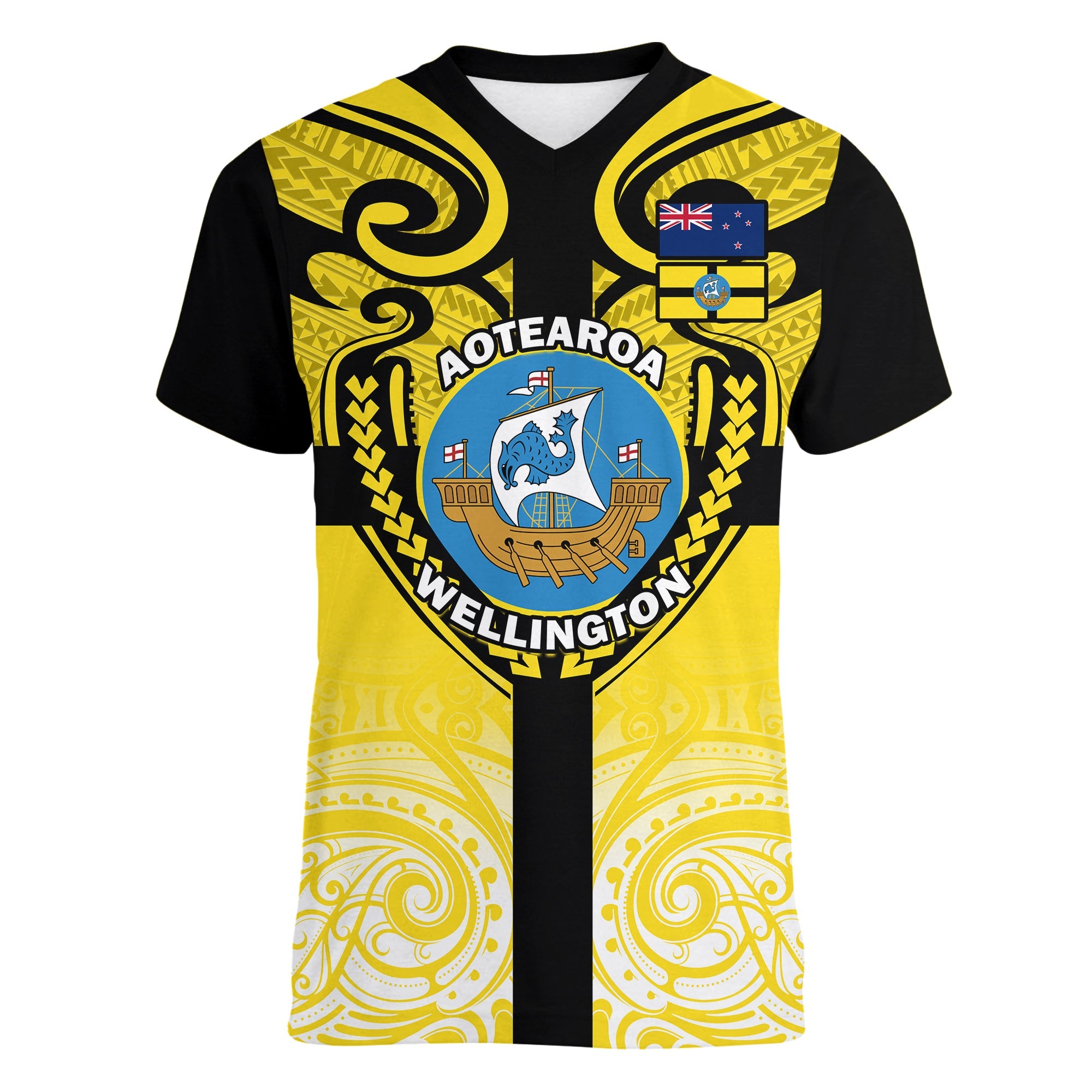 (Custom Personalised) Wellington V-Neck T Shirt New Zealand Maori Pattern LT14 Female Yellow - Polynesian Pride