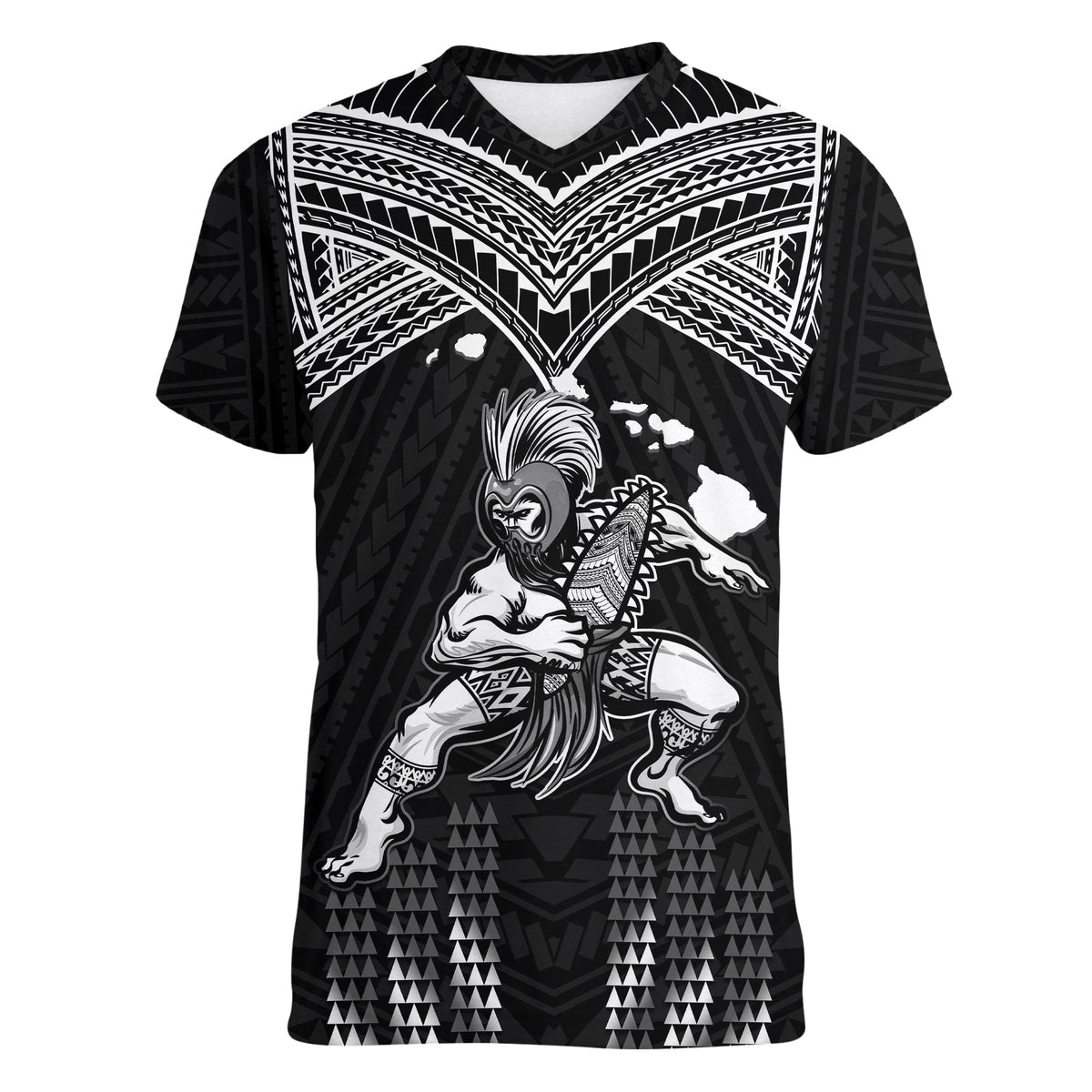 (Custom Personalised) Hawaii V-Neck T Shirt Hawaiian Warrior With Weapon Polynesian Ver.01 LT14 Female Black - Polynesian Pride