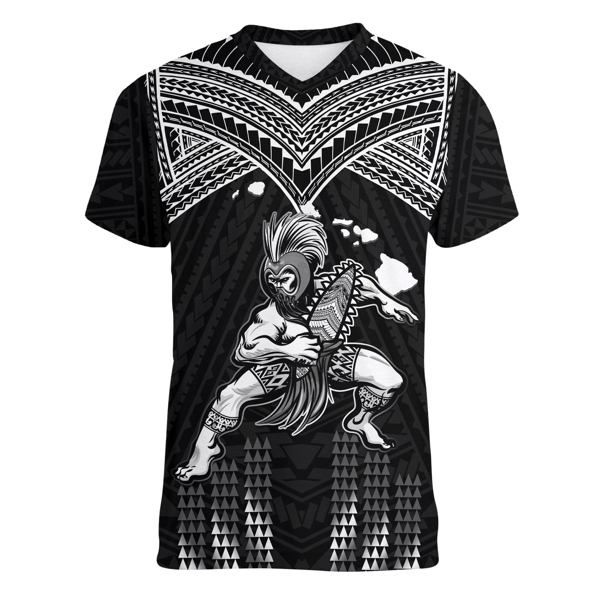 (Custom Personalised) Hawaii V-Neck T Shirt Hawaiian Warrior With Weapon Polynesian Ver.01 LT14 Female Black - Polynesian Pride