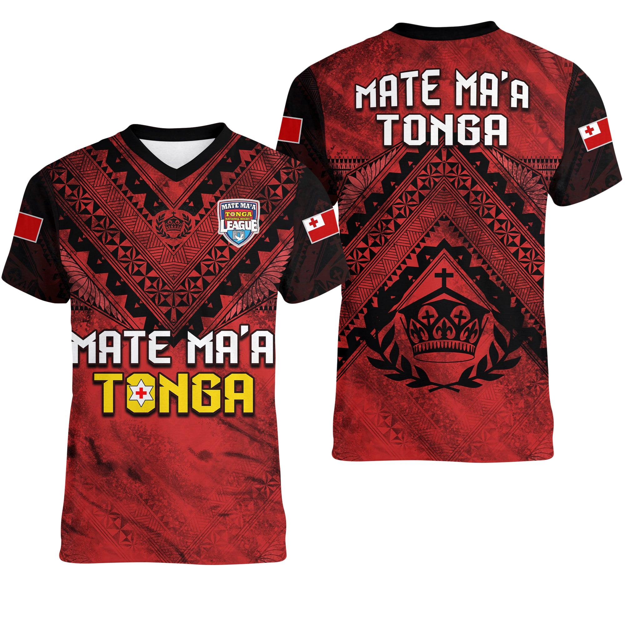 Tonga Rugby MMT V-Neck T Shirt Ngatu Mate Maa Tonga Grunge LT13 Female Red - Polynesian Pride