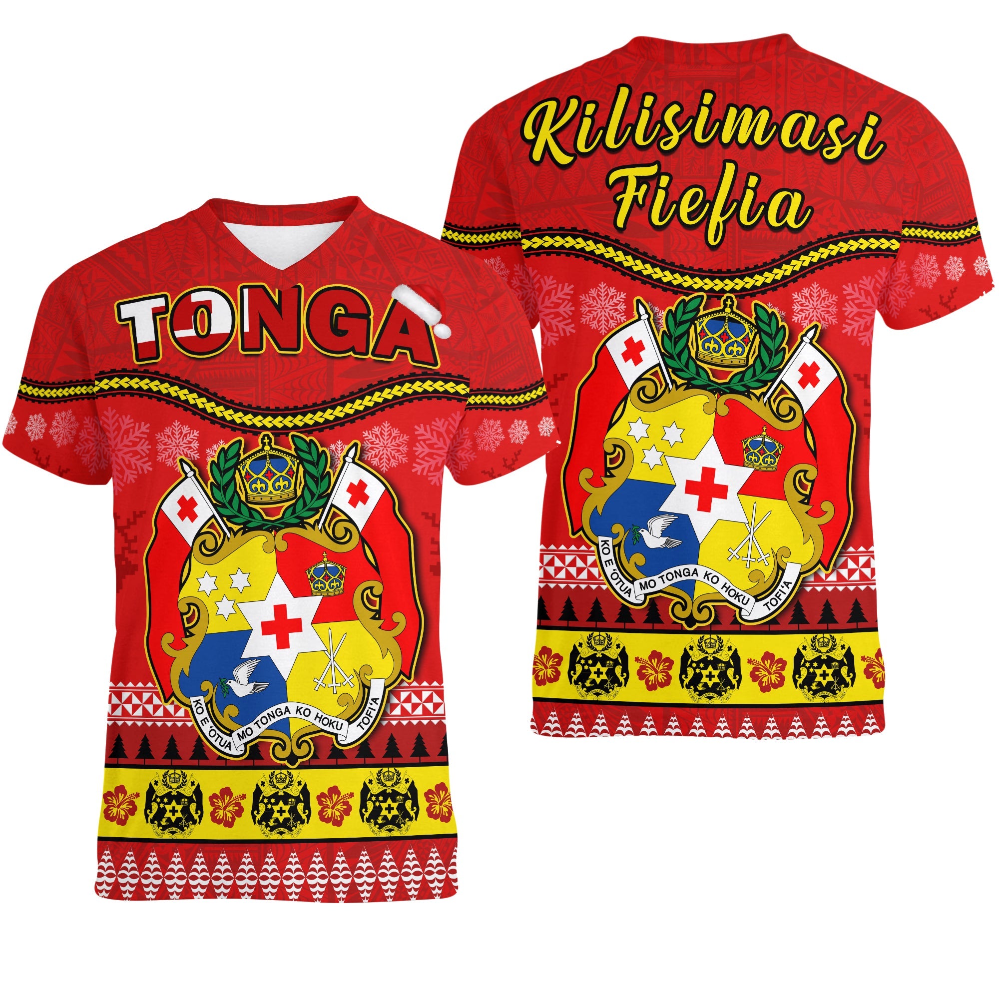 Tonga Christmas V-Neck T Shirt Tongan Ngatu Kilisimasi Fiefia LT14 Female Red - Polynesian Pride