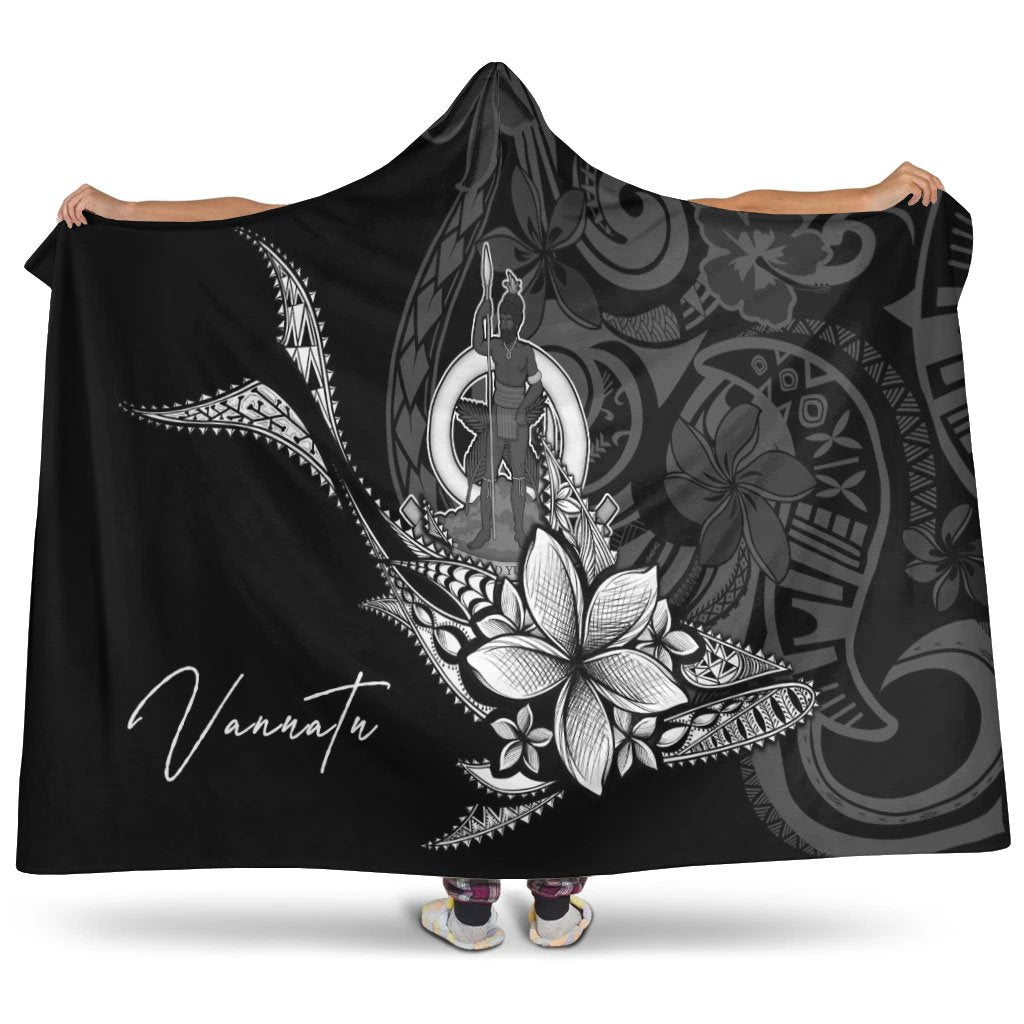 Vanuatu Hooded Blanket - Fish With Plumeria Flowers Style Hooded Blanket Black - Polynesian Pride