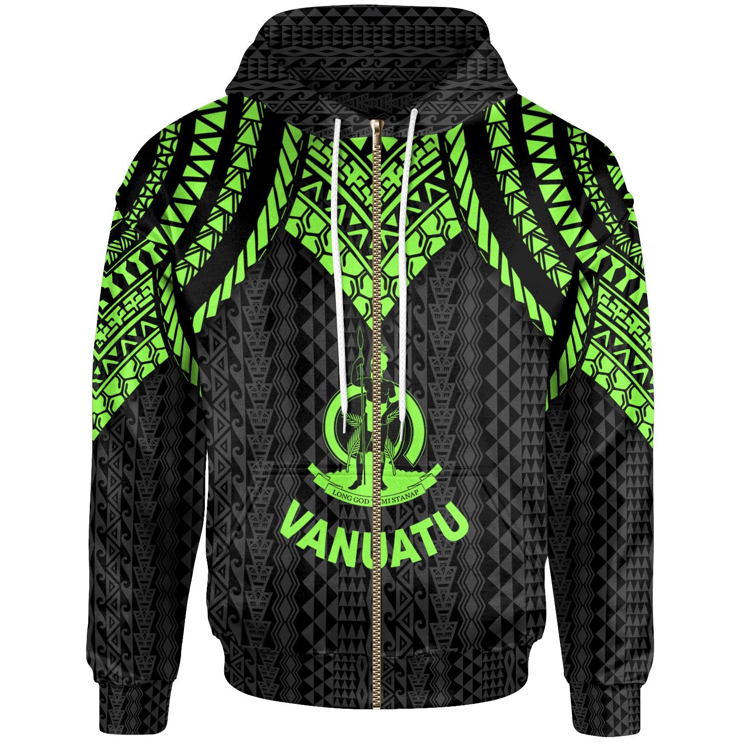 Vanuatu Zip up Hoodie Polynesian Armor Style Green Unisex Green - Polynesian Pride