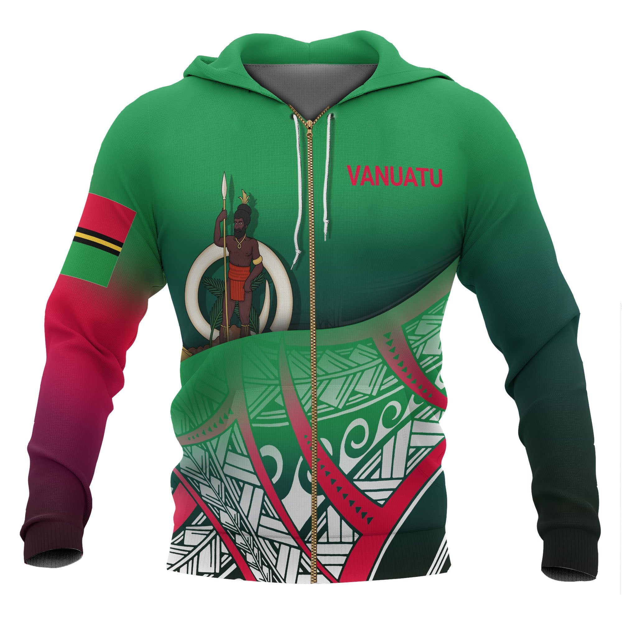 Vanuatu Coat of Arms Zip up Hoodie Polynesian Pattern Unisex Green - Polynesian Pride