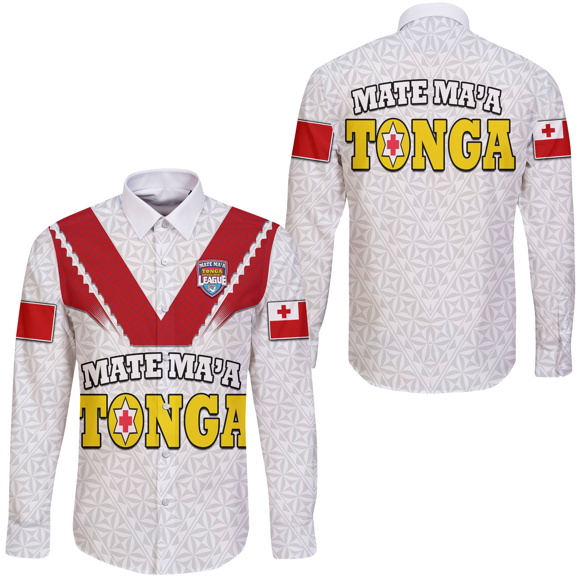 Mate Ma'a Tonga Rugby Hawaii Long Sleeve Button Shirt Tongan Kupesi White Style LT9 - Polynesian Pride