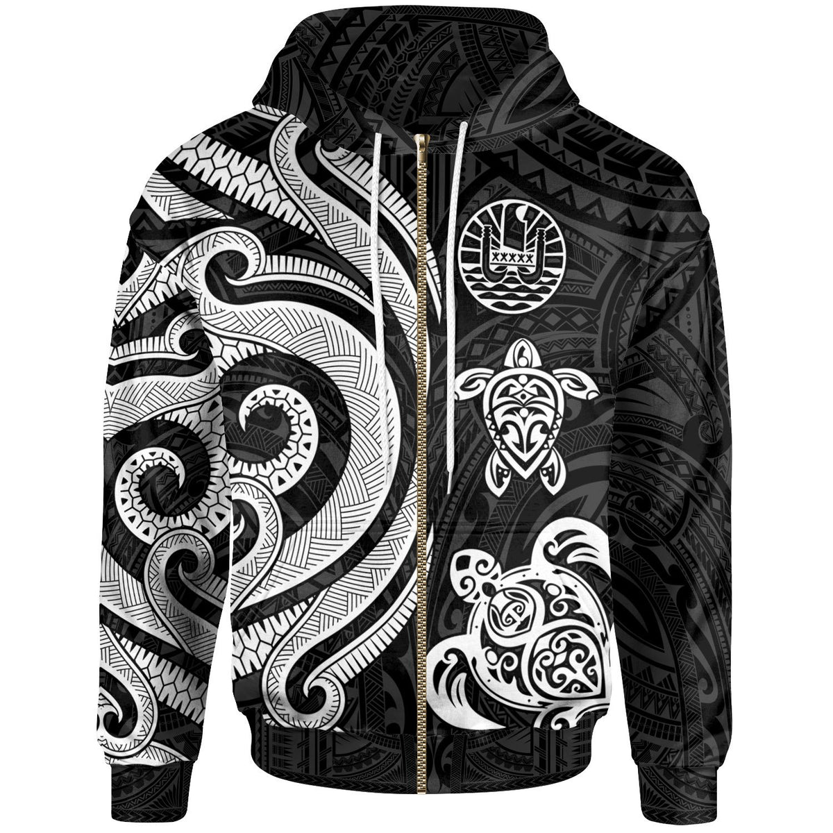 Tahiti Polynesian Zip up Hoodie White Tentacle Turtle Unisex White - Polynesian Pride