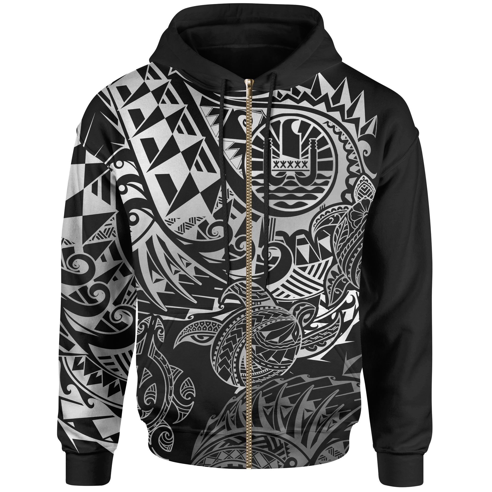Tahiti Polynesian Zip up Hoodie White Turtle Hibiscus Flowing Unisex WHITE - Polynesian Pride