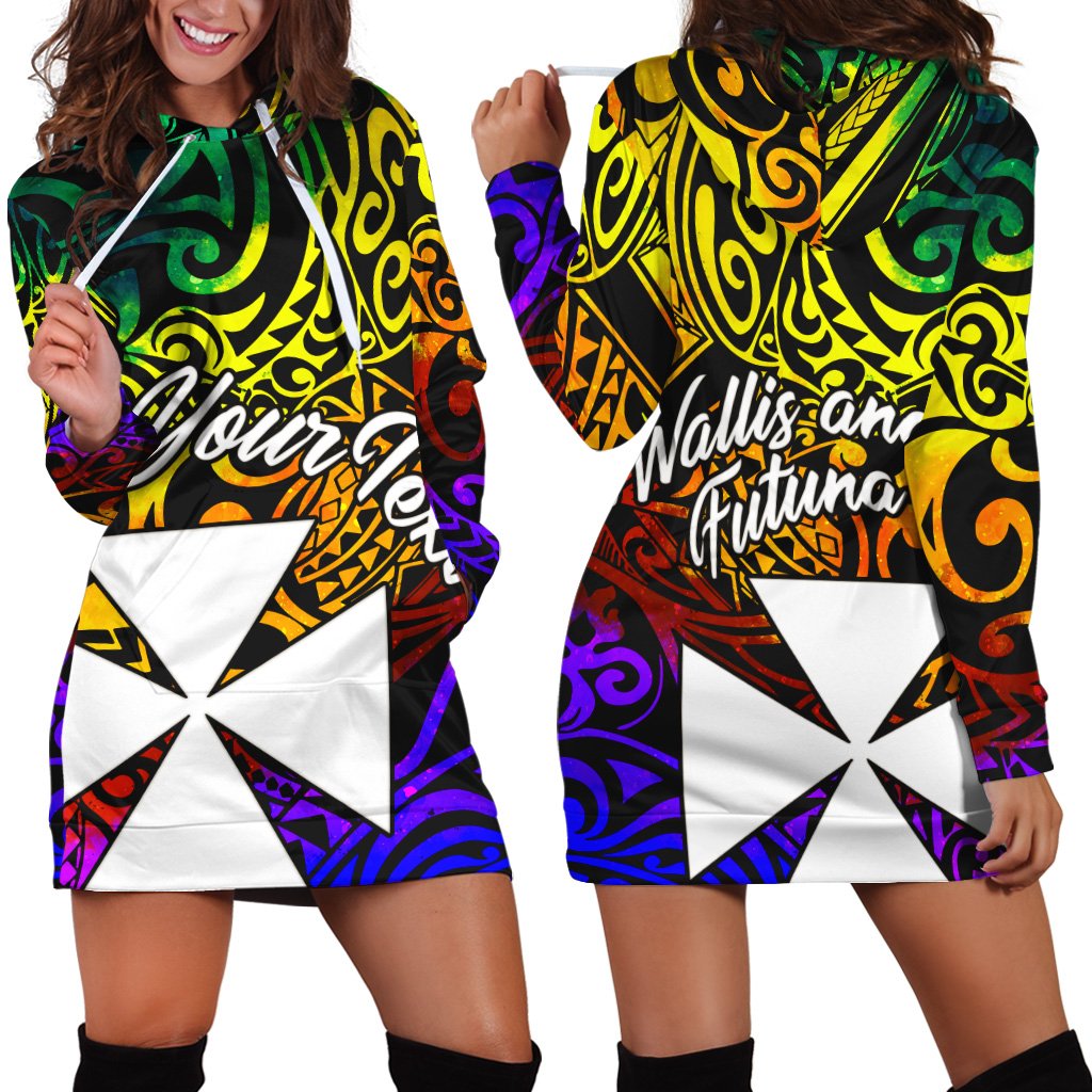 Wallis and Futuna Custom Personalised Hoodie Dress - Rainbow Polynesian Pattern Rainbow - Polynesian Pride