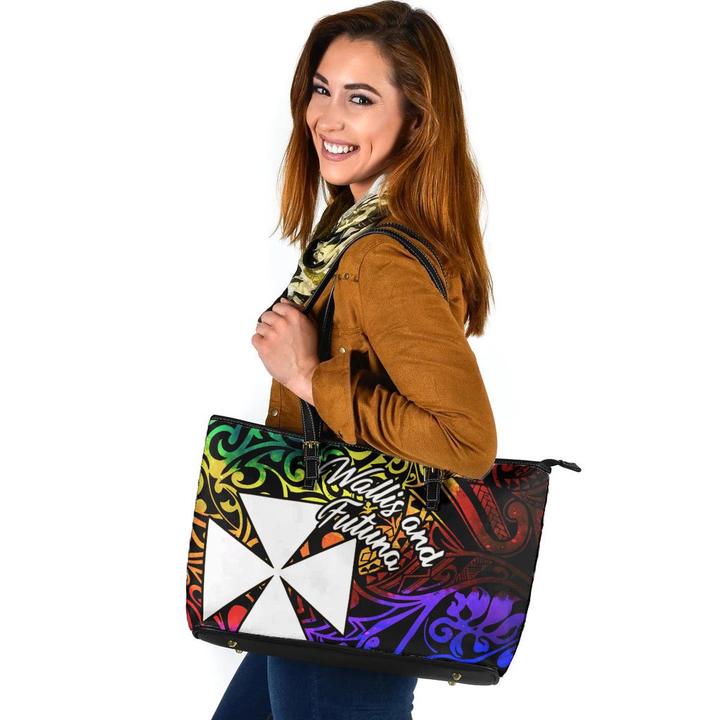 Wallis and Futuna Custom Personalised Leather Tote Bag - Rainbow Polynesian Pattern - Polynesian Pride