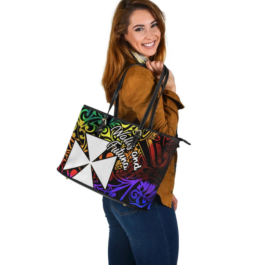 Wallis and Futuna Custom Personalised Leather Tote Bag - Rainbow Polynesian Pattern - Polynesian Pride