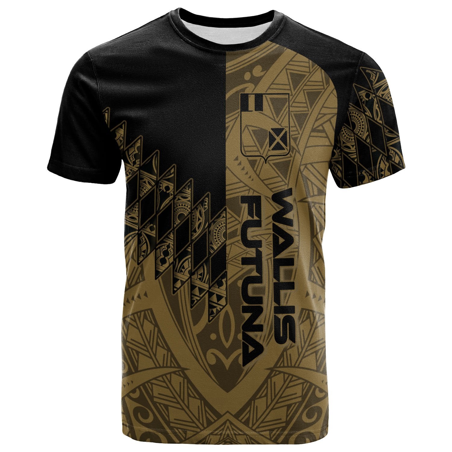 Wallis and Futuna T Shirt Gold Color Symmetry Style Unisex Black - Polynesian Pride