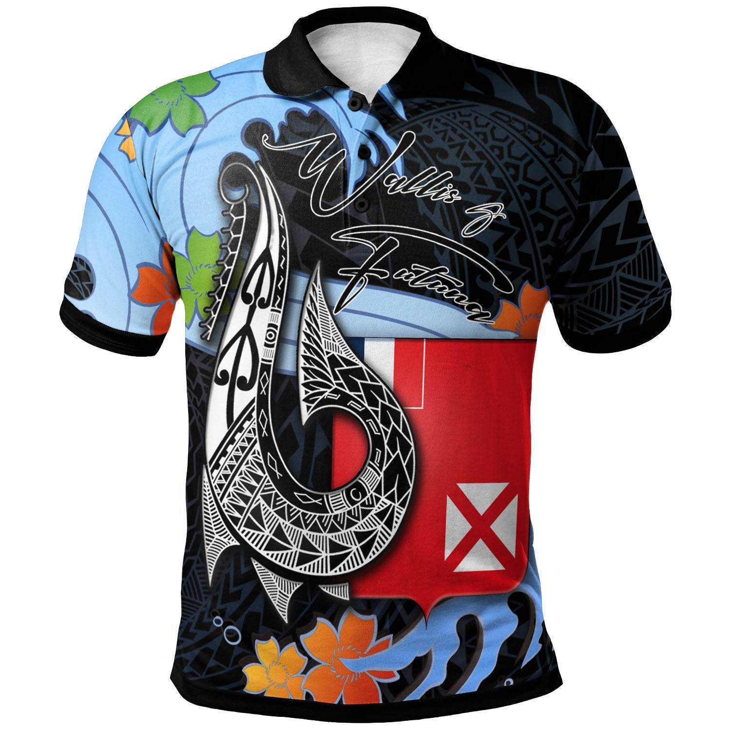 Wallis and Futuna Polo Shirt Fish Hooks and Wave Unisex Black - Polynesian Pride