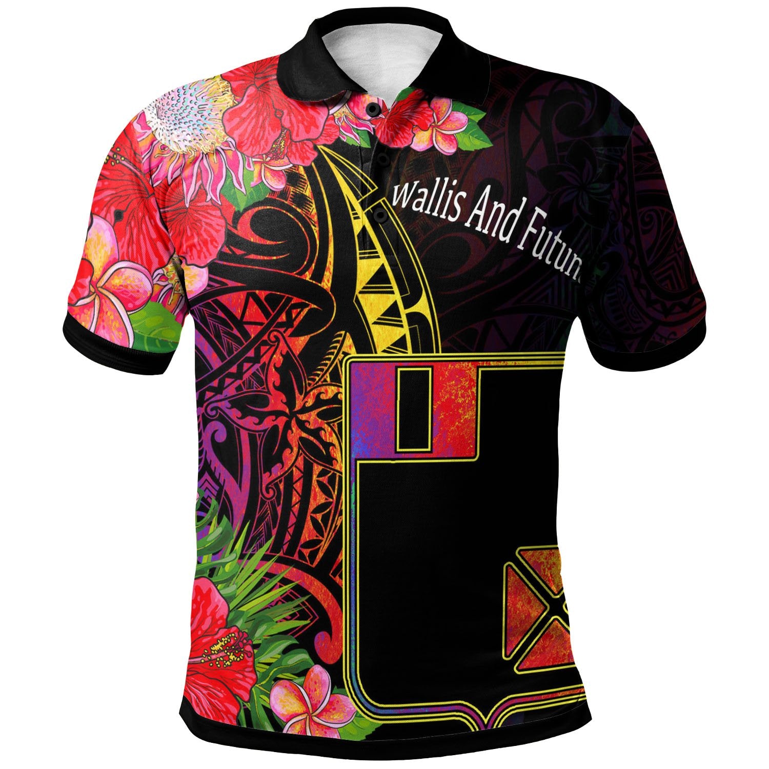 Wallis and Futuna Polo Shirt Tropical Hippie Style Unisex Black - Polynesian Pride