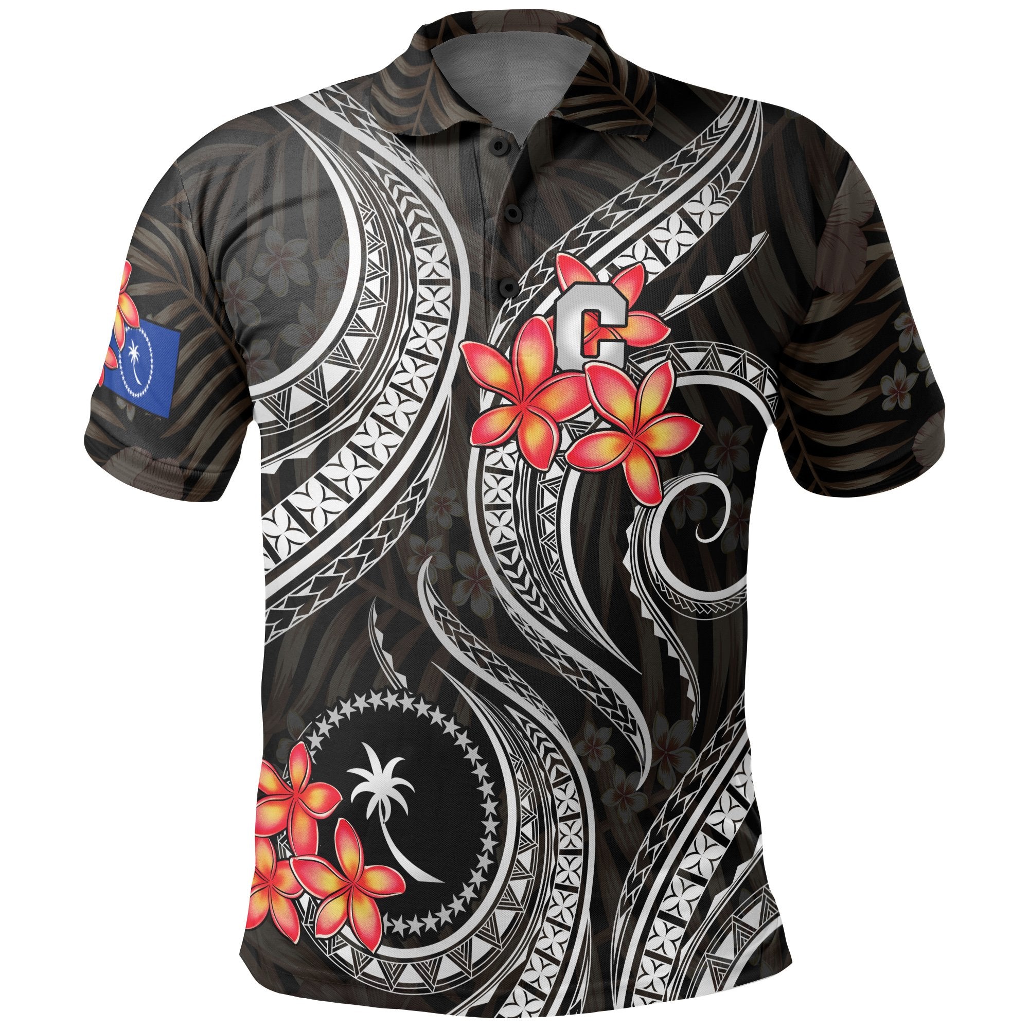 Chuuk Micronesian Polo Shirt Black Plumeria Unisex BLACK - Polynesian Pride