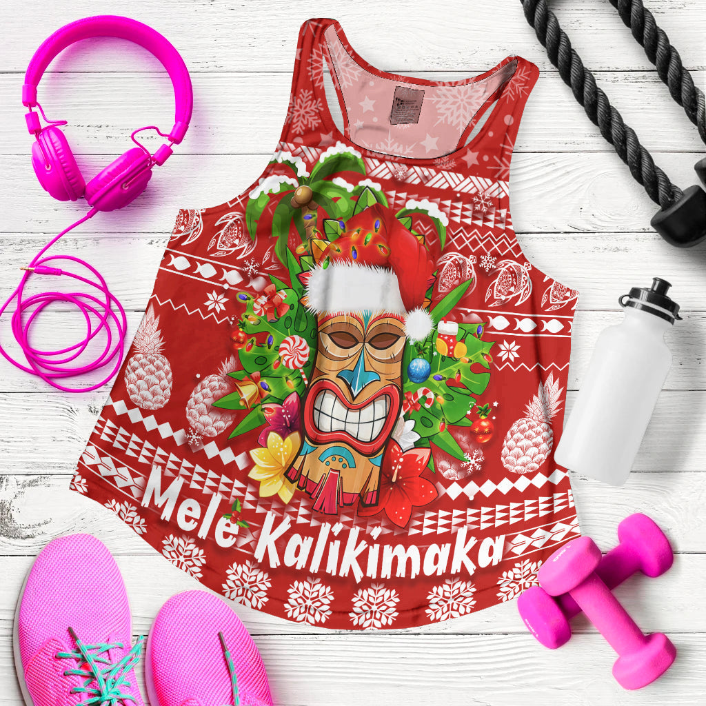 Hawaii Christmas Women Racerback Tank Mele Kalikimaka - Tiki LT7 Red - Polynesian Pride