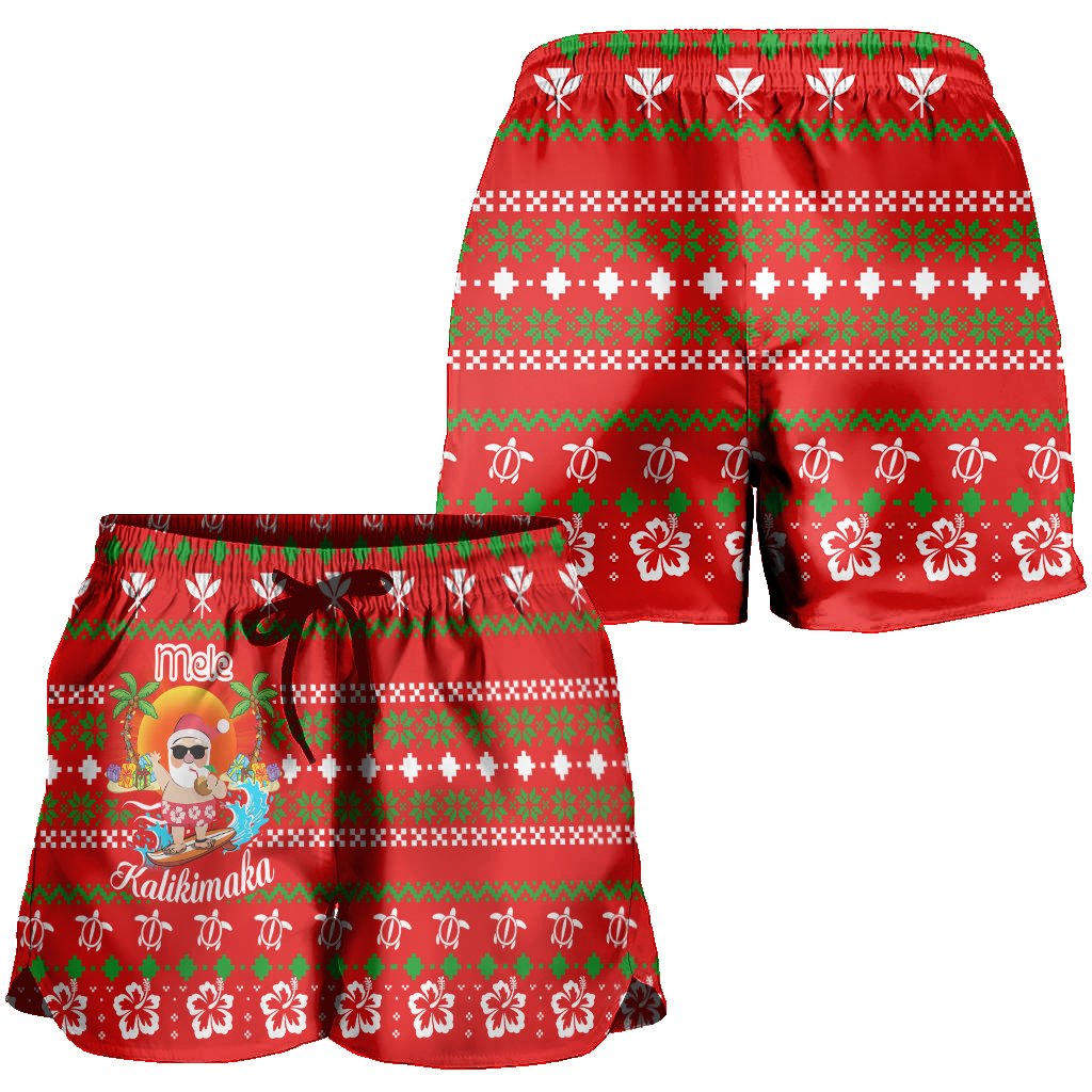 Hawaiian Santa Claus Mele Kalikimaka Women's Shorts - Aviv Style - Red - AH Women Red - Polynesian Pride