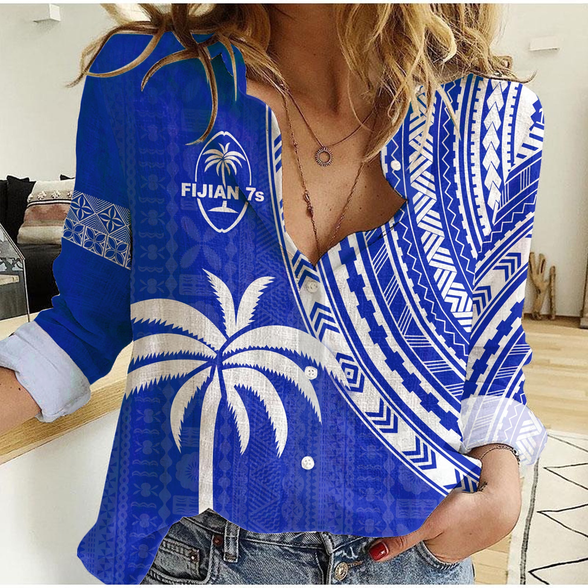 Fiji Rugby Sevens Women Casual Shirt Fijian 7s Tapa Polynesian Blue Ver.02 LT13 Female Blue - Polynesian Pride