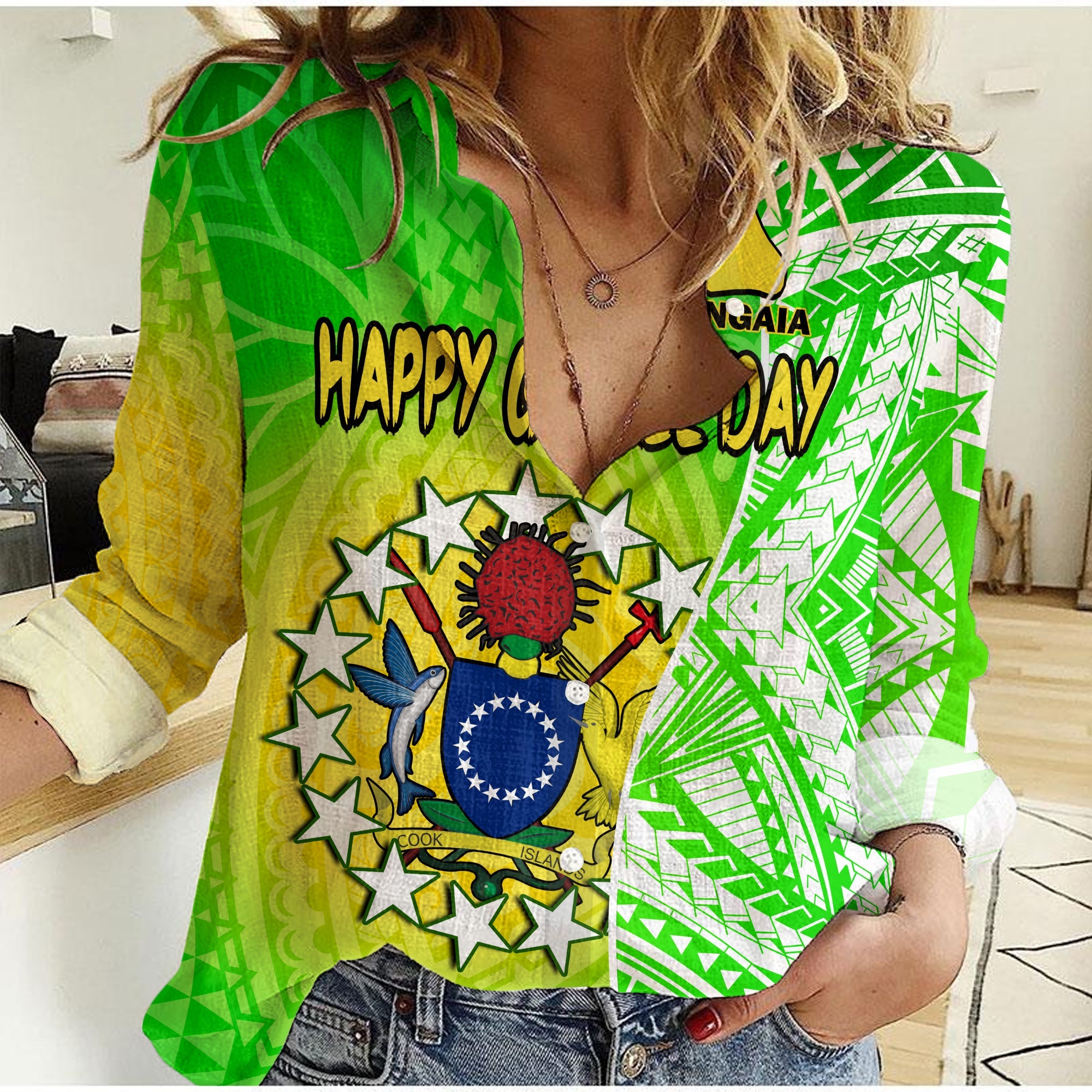 Happy Mangaia Gospel Day Women Casual Shirt Cook Islands Coat Of Arms Polynesian Pattern LT14 Female Green - Polynesian Pride