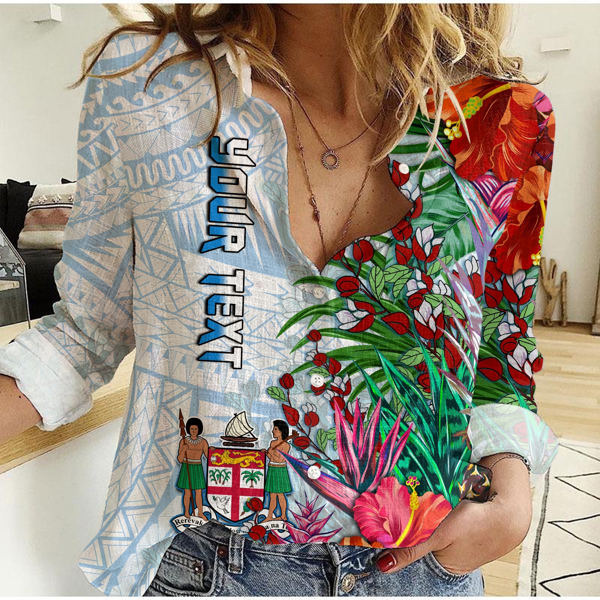 (Custom Personalised) Fiji Women Casual Shirt Proud Fijian Tapa mix Tagimoucia Flowers LT13 Female White - Polynesian Pride