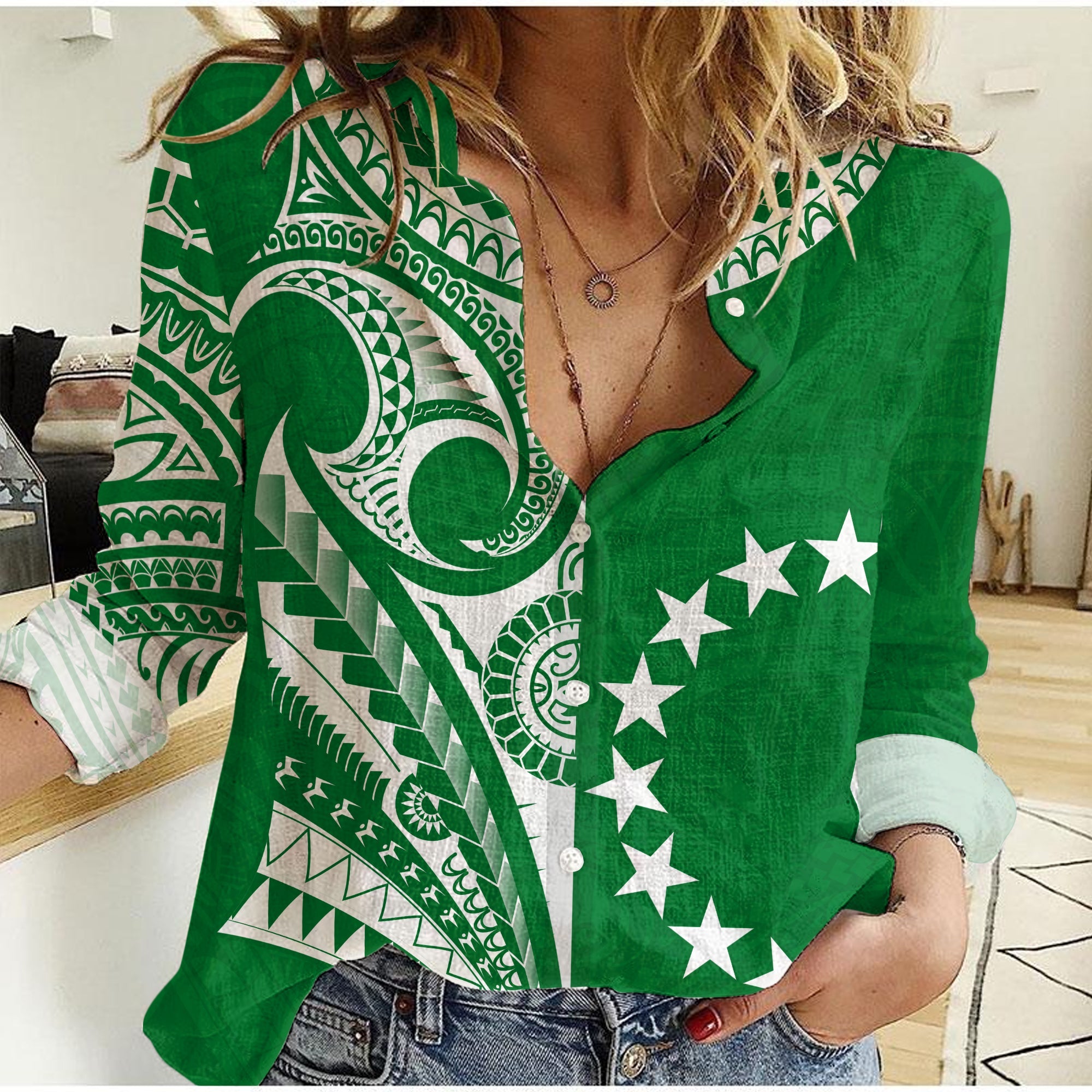 (Custom Text and Number) Cook Islands Tatau Women Casual Shirt Symbolize Passion Stars Version Green LT13 Female Green - Polynesian Pride