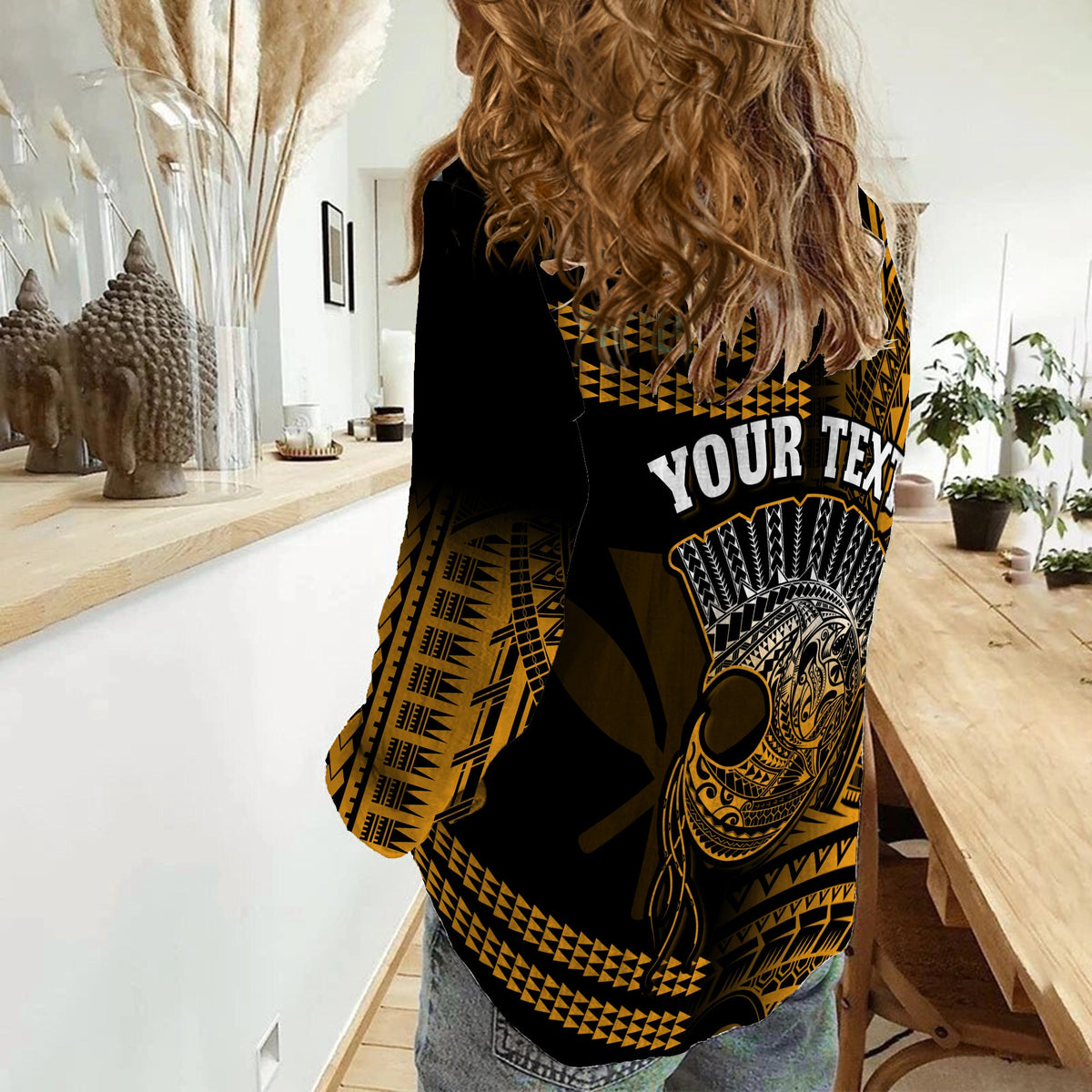 (Custom Personalised) Hawaii Women Casual Shirt Kakau Warrior Helmet Gradient Gold Polynesian LT14 - Polynesian Pride