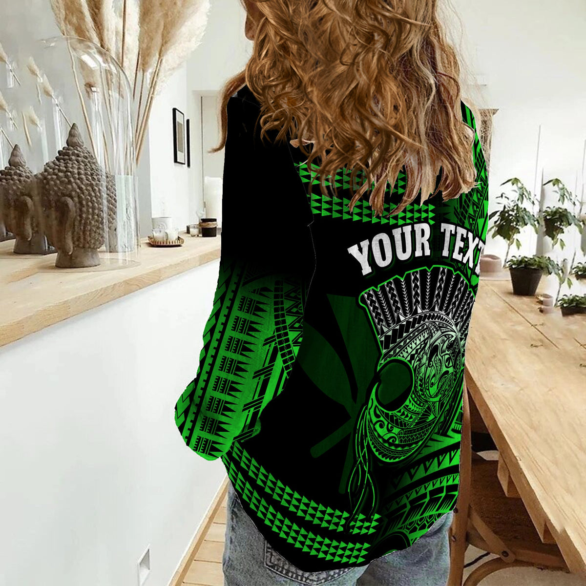 (Custom Personalised) Hawaii Women Casual Shirt Kakau Warrior Helmet Gradient Green Polynesian LT14 - Polynesian Pride