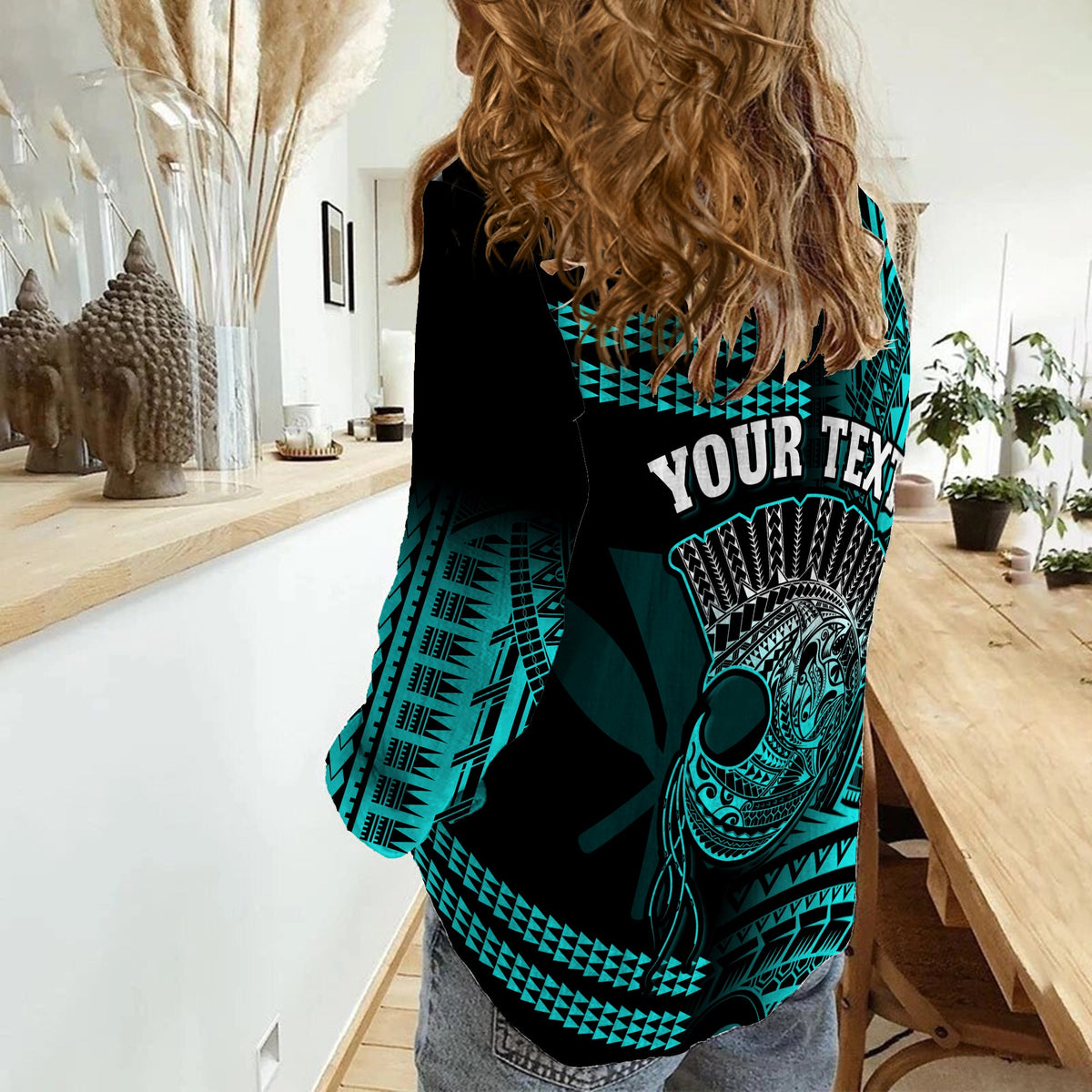 (Custom Personalised) Hawaii Women Casual Shirt Kakau Warrior Helmet Gradient Turquoise Polynesian LT14 - Polynesian Pride