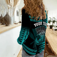 (Custom Personalised) Hawaii Women Casual Shirt Kakau Warrior Helmet Gradient Turquoise Polynesian LT14 - Polynesian Pride