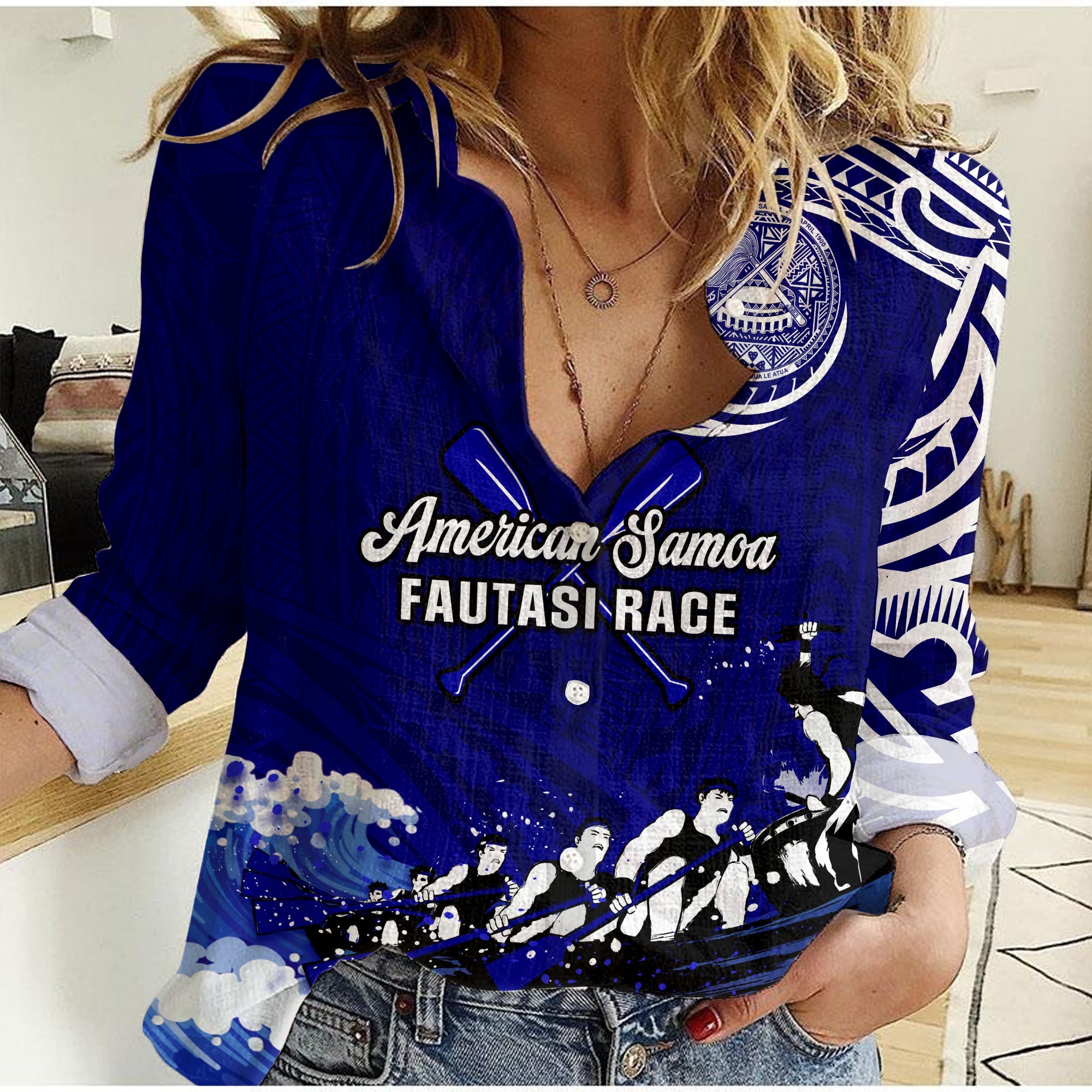 (Custom Personalised) American Samoa Women Casual Shirt Fautasi Race Samoan Pattern Ver.01 LT14 Female Blue - Polynesian Pride