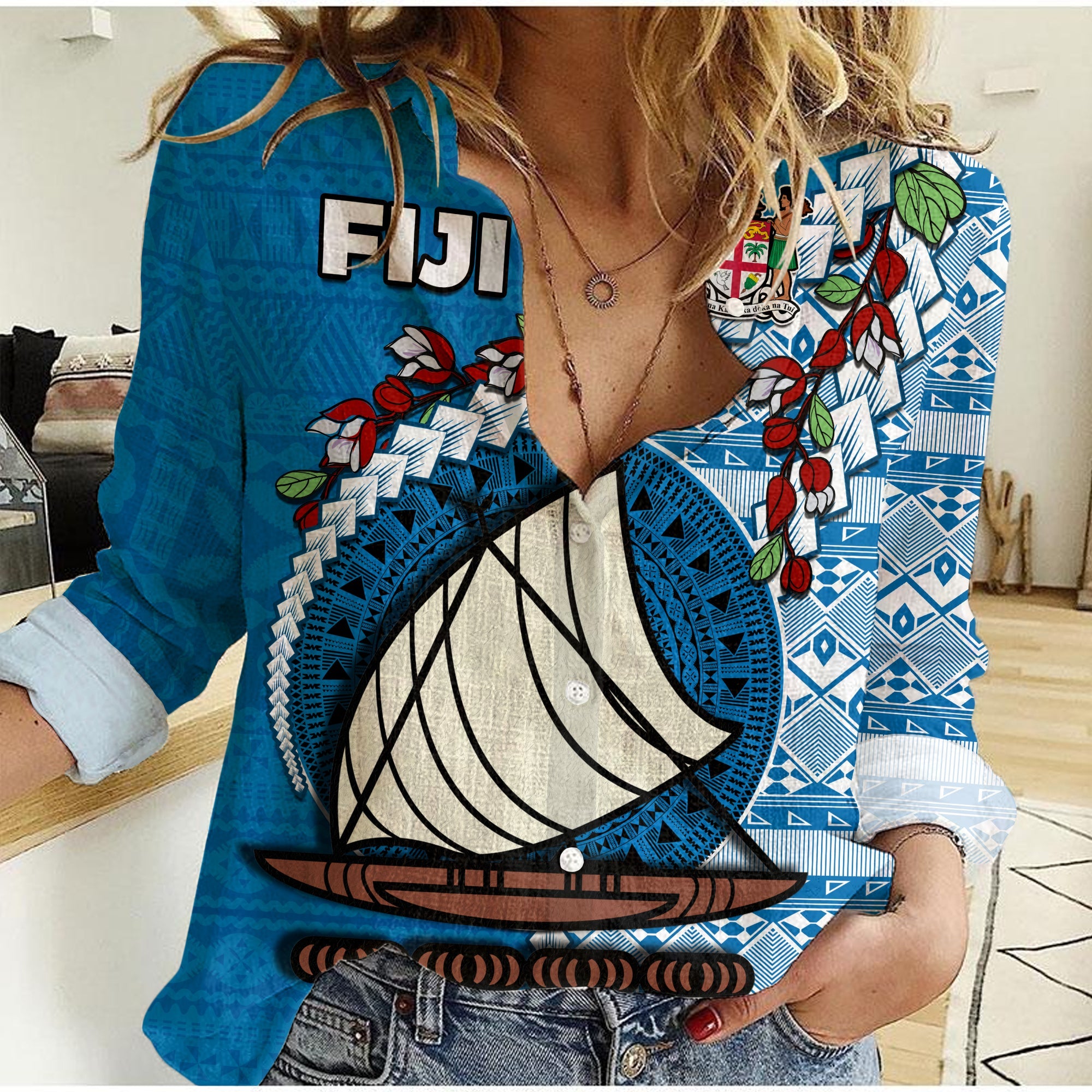 Fiji Women Casual Shirt Fijian Drua Mix Tagimaucia Flower Blue Style LT14 Female Blue - Polynesian Pride