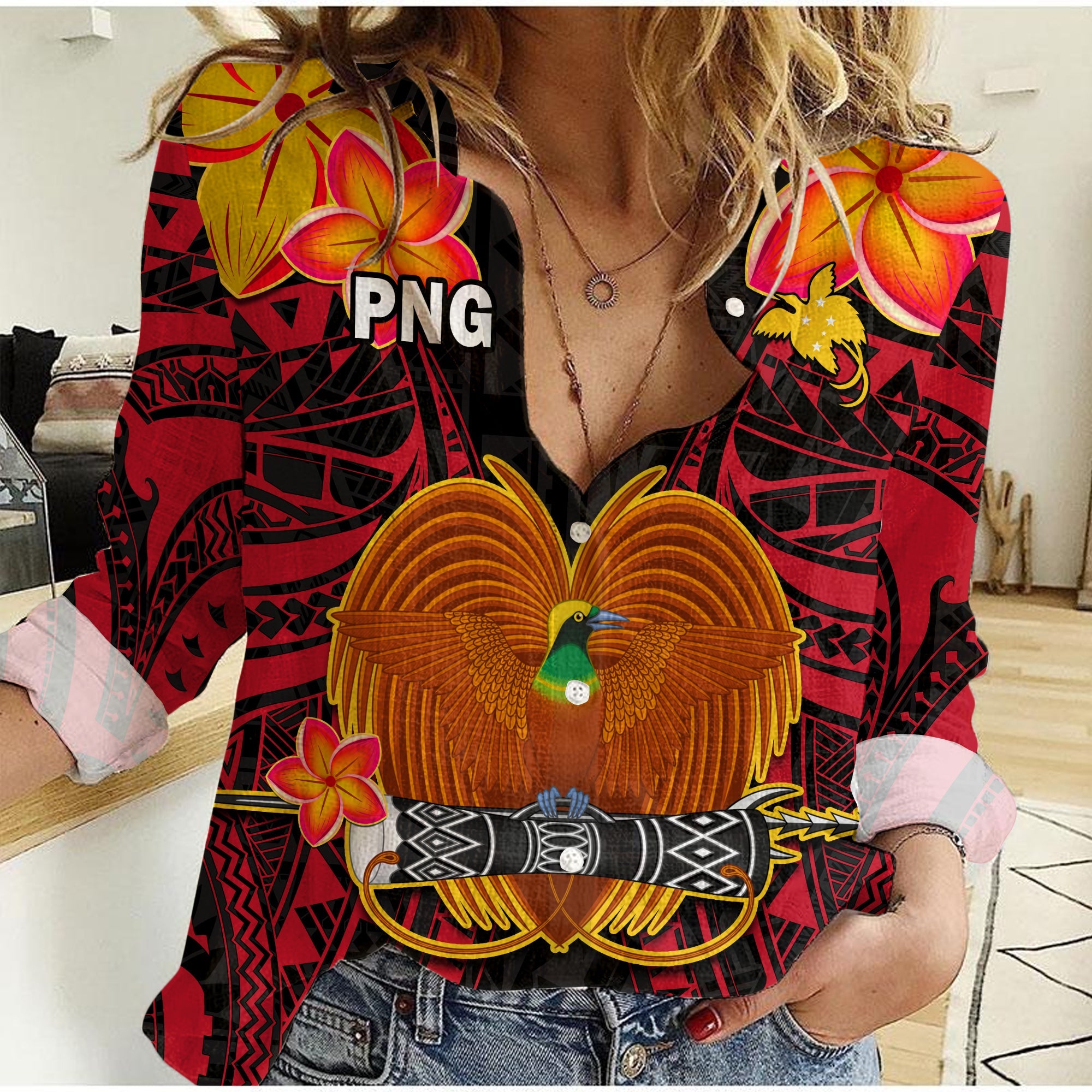 (Custom Personalised) Papua New Guinea Women Casual Shirt PNG Bird Of Paradise Polynesian Pattern LT14 Female Black - Polynesian Pride