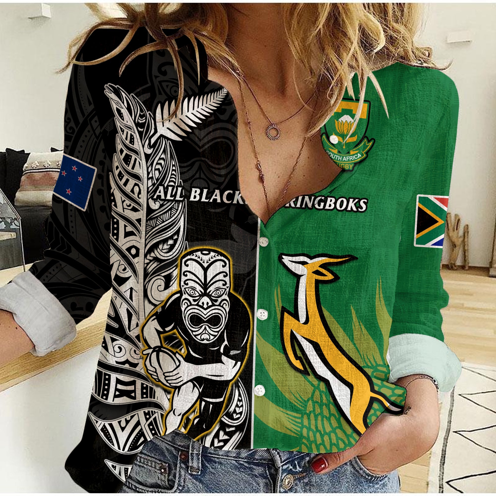 (Custom Personalised) New Zealand And South Africa Rugby Women Casual Shirt All Black Maori Mix Springboks LT14 Female Black - Polynesian Pride