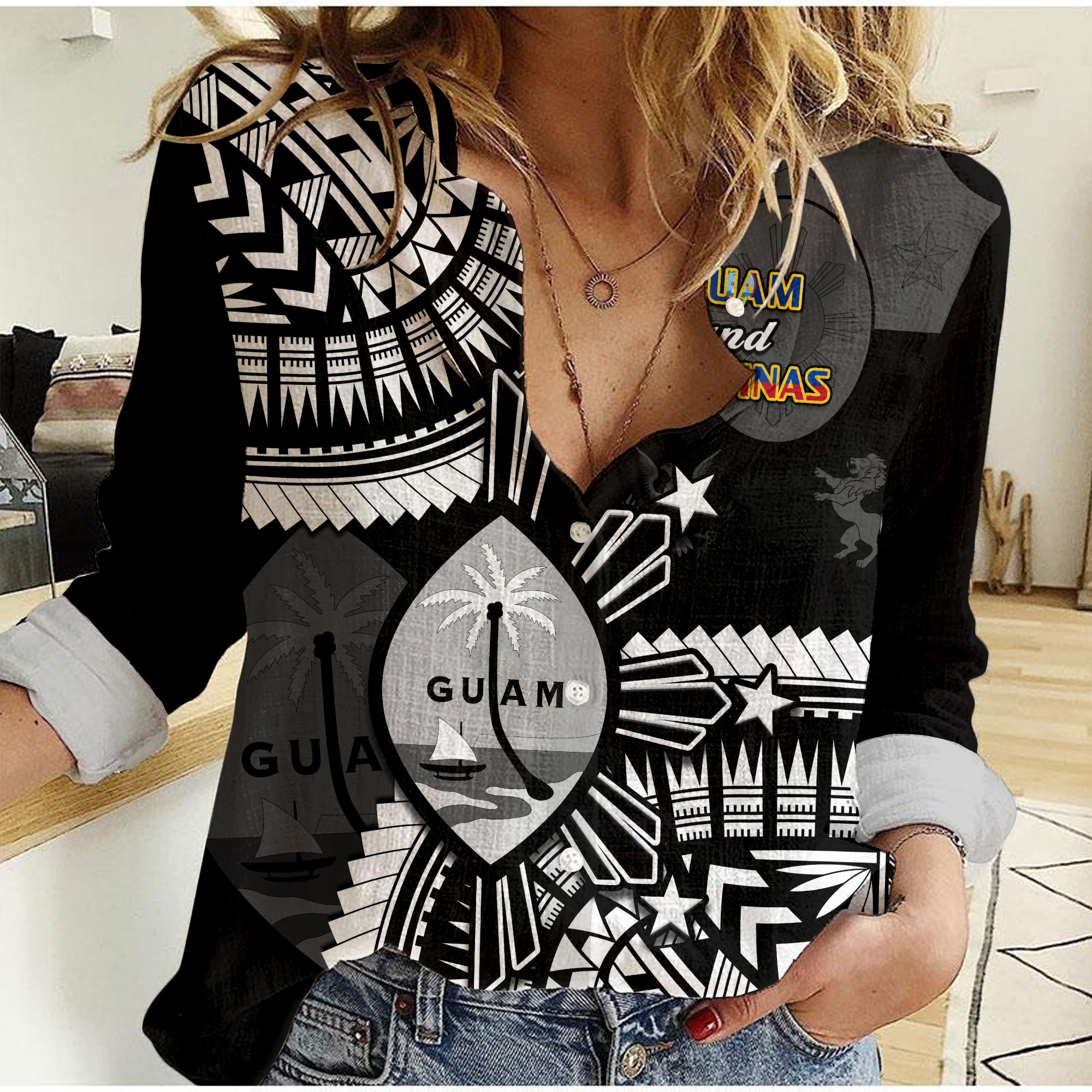 (Custom Personalised) Guam and Philippines Women Casual Shirt Guaman Filipinas Together Black LT14 Female Black - Polynesian Pride