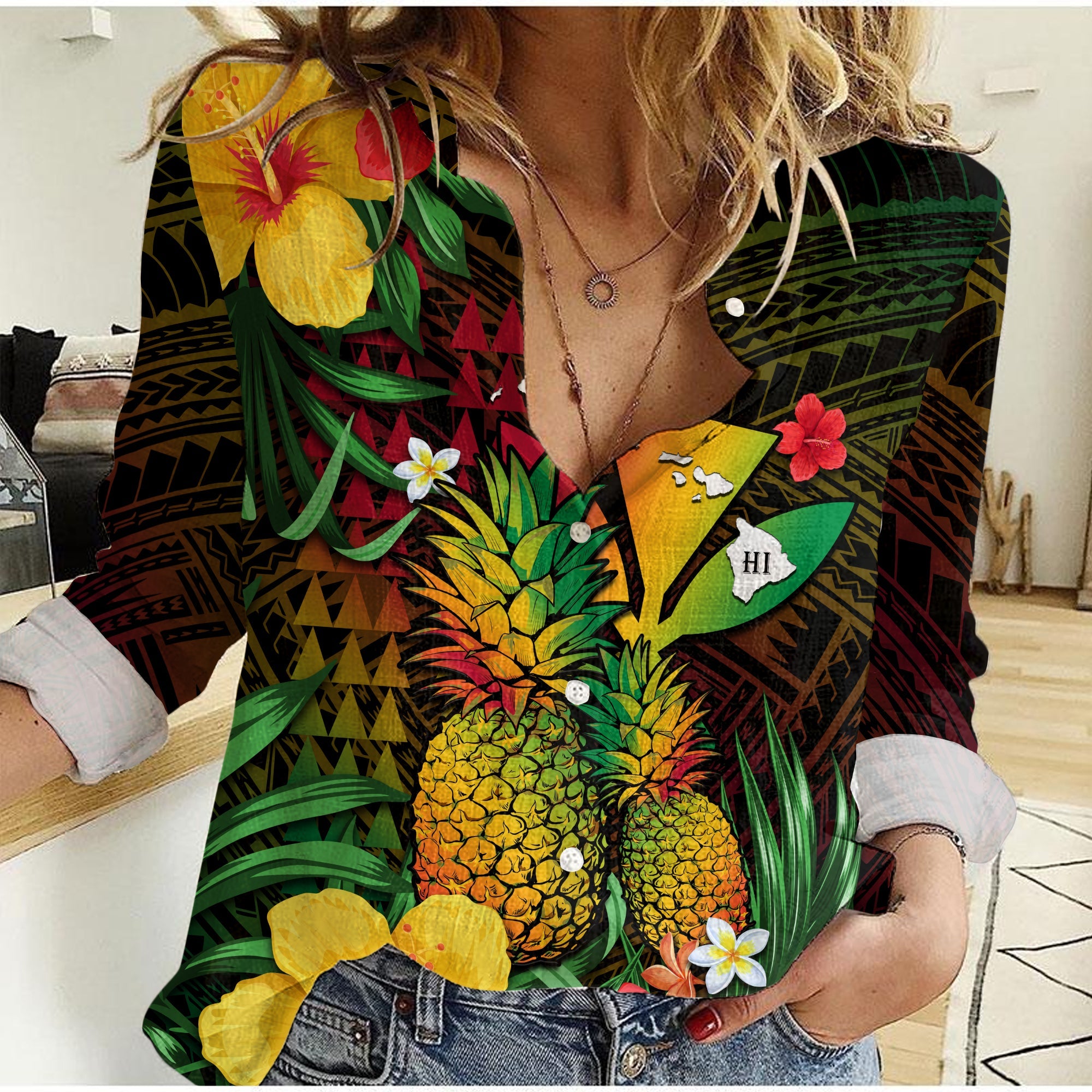 (Custom Personalised) Hawaii Women Casual Shirt Pineapple Mix Kakau Reggae Kanaka LT14 Female Reggae - Polynesian Pride